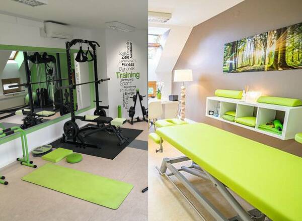 Sonniger vollausgestatteter Fitnessraum mit Balkon sowie Therapieraum mit Liege! Super geeignet für Sportphysios und TrainerInnen!