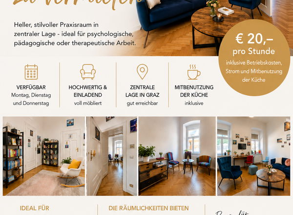 Vermiete zur Untermiete meinen Praxisraum, verfügbar: Montag, Dienstag, Donnerstag, geeignet für: Psycholog:Innen, Berater:Innen, Psychotherapeut:Innen, Coaches, .....