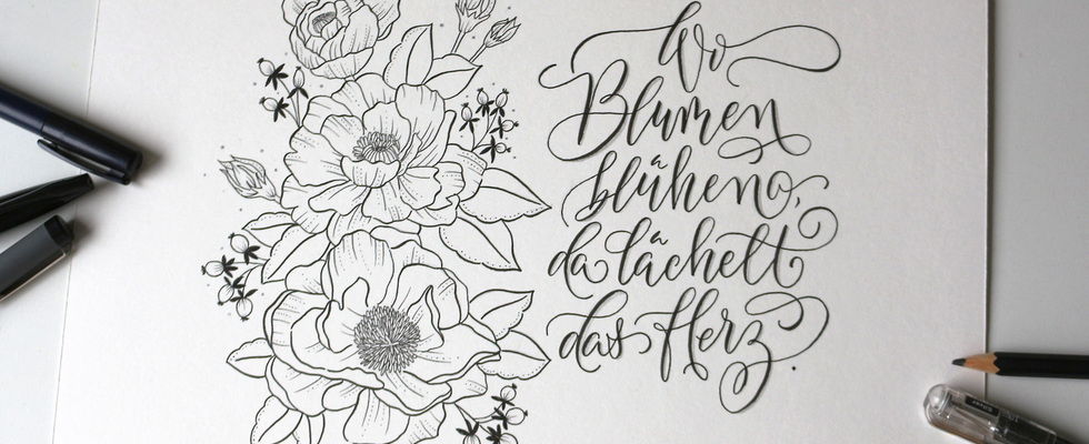 Moderne Brush Kalligrafie und handgezeichnete Line-Art-Blumen